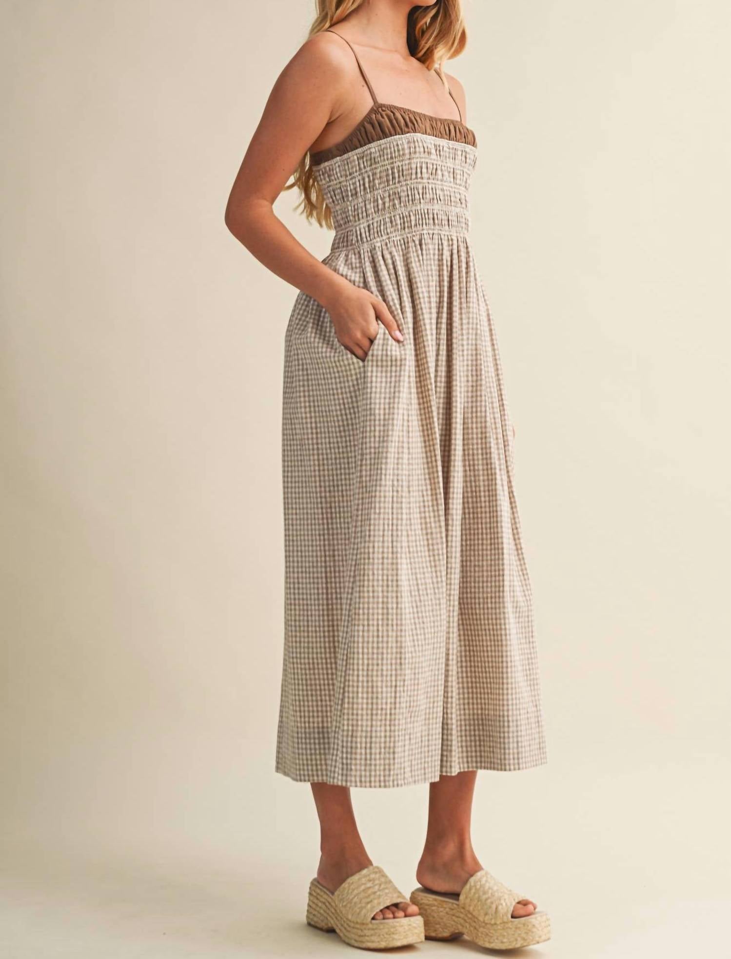 Mustard Seed Sunlit Meadow Smocked Gingham Midi Dress in brown - women's dress - alternate view