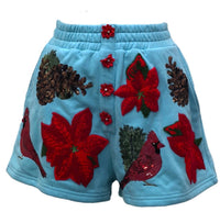 QUEEN OF SPARKLES Women's Cardinal & Pine Cone Henley Shorts in aqua poinsettia - women's sleepwear