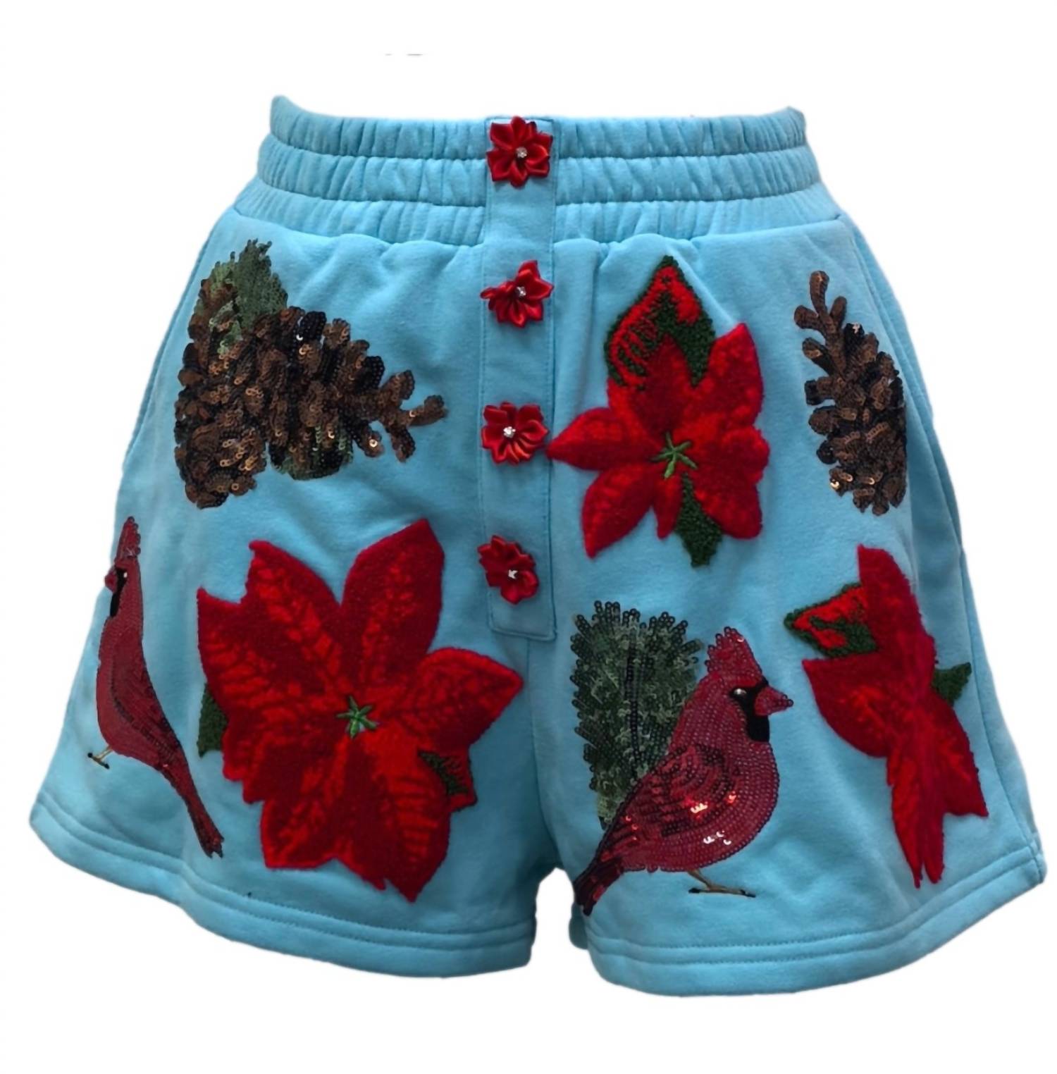 QUEEN OF SPARKLES Women's Cardinal & Pine Cone Henley Shorts in aqua poinsettia - women's sleepwear
