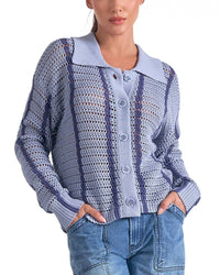 Elan - Striped Light Blue Button-down Knit Sweater
