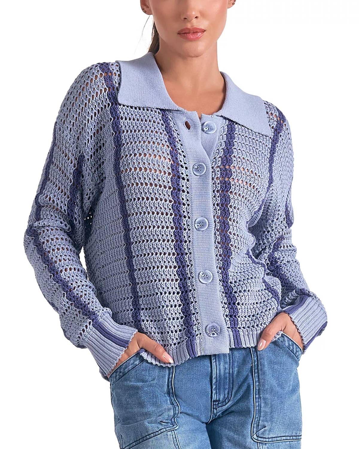 Elan - Striped Light Blue Button-down Knit Sweater