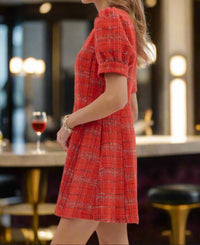 entro Plaid Puff Sleeve Mini Dress With Front Zip in red - women's dress - view 5