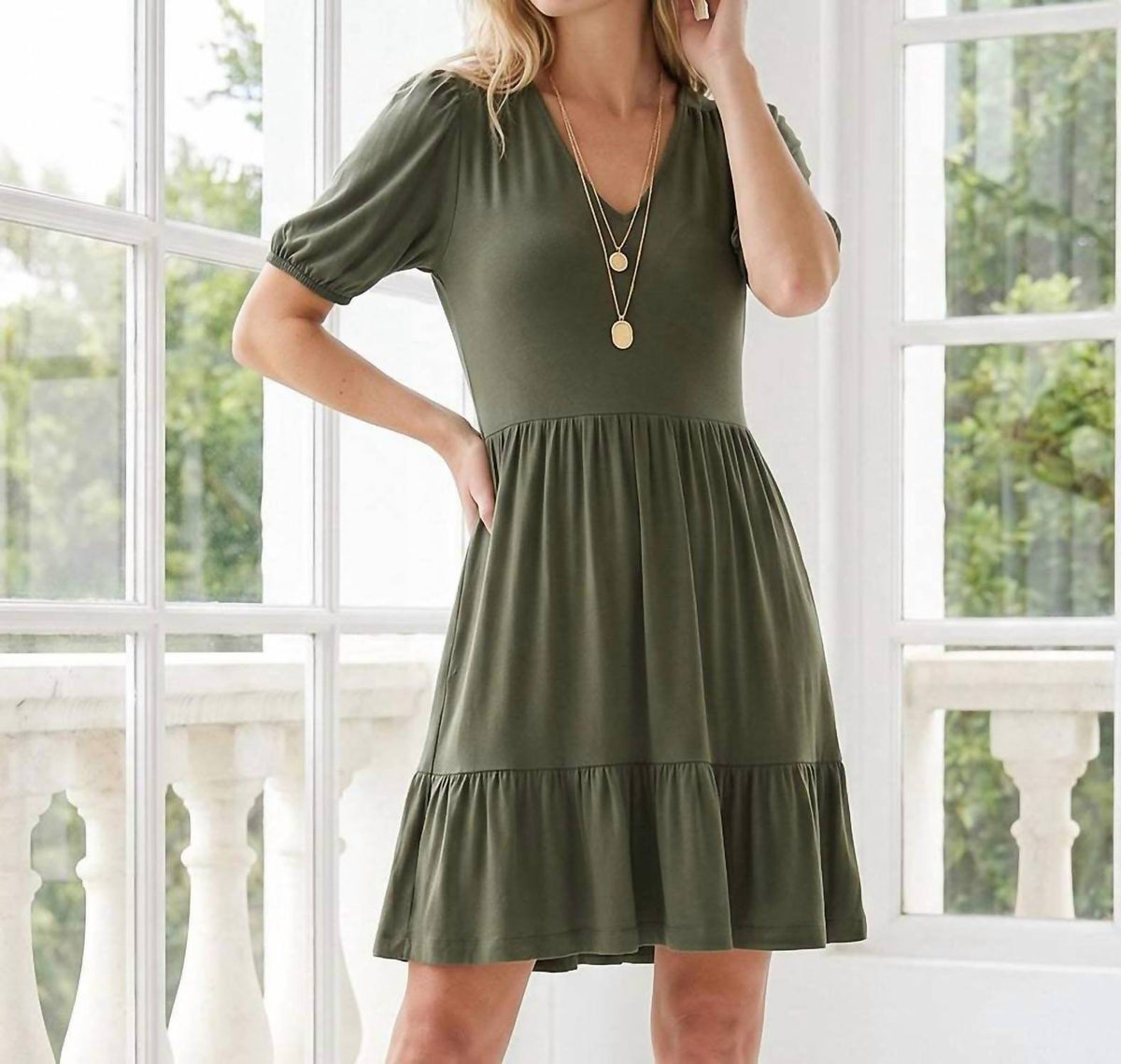 Karen Kane - Puff Sleeve Tiered Dress - Petite