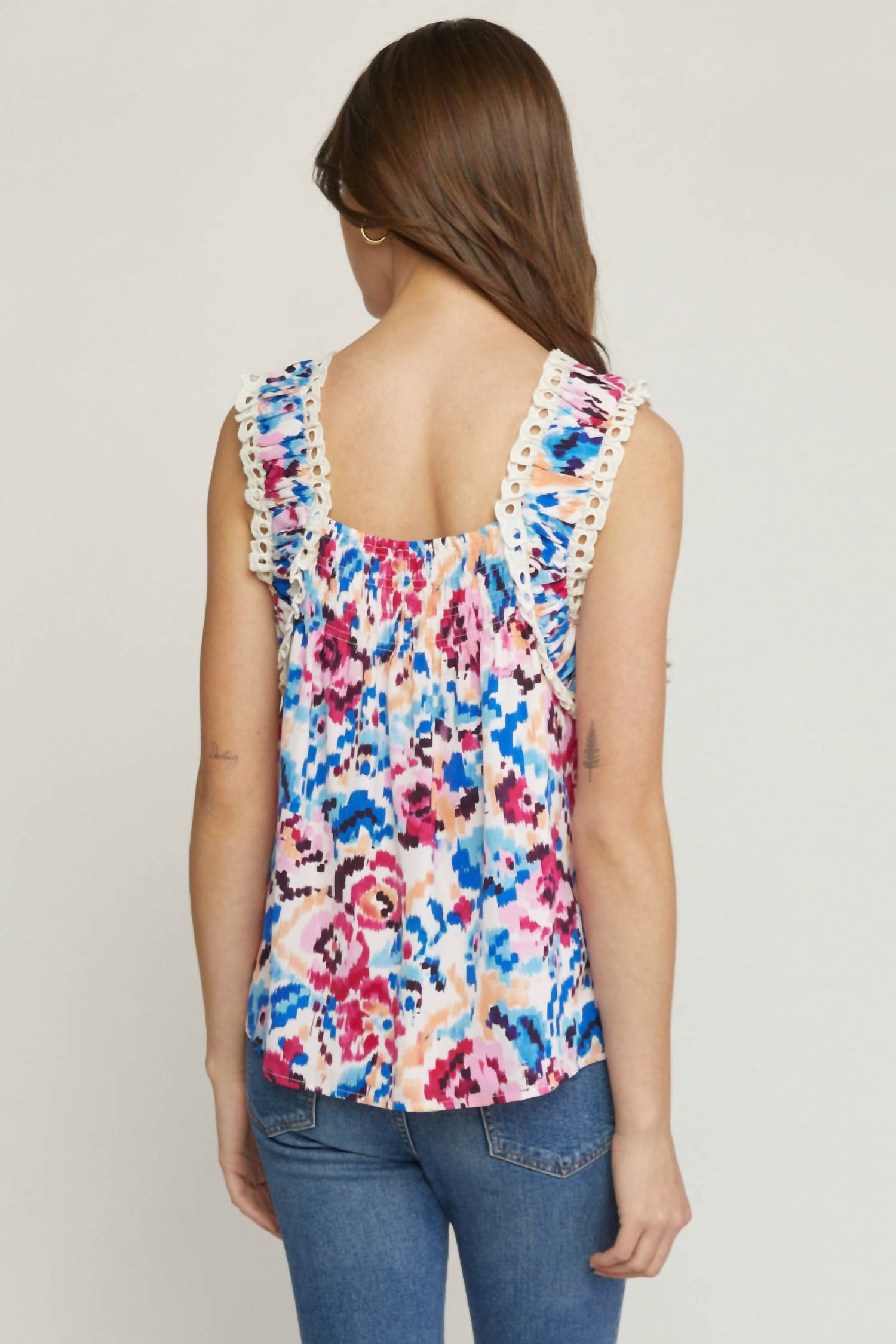 entro Smocked & Eyelet Top in beige multi - women's tank top - detail view