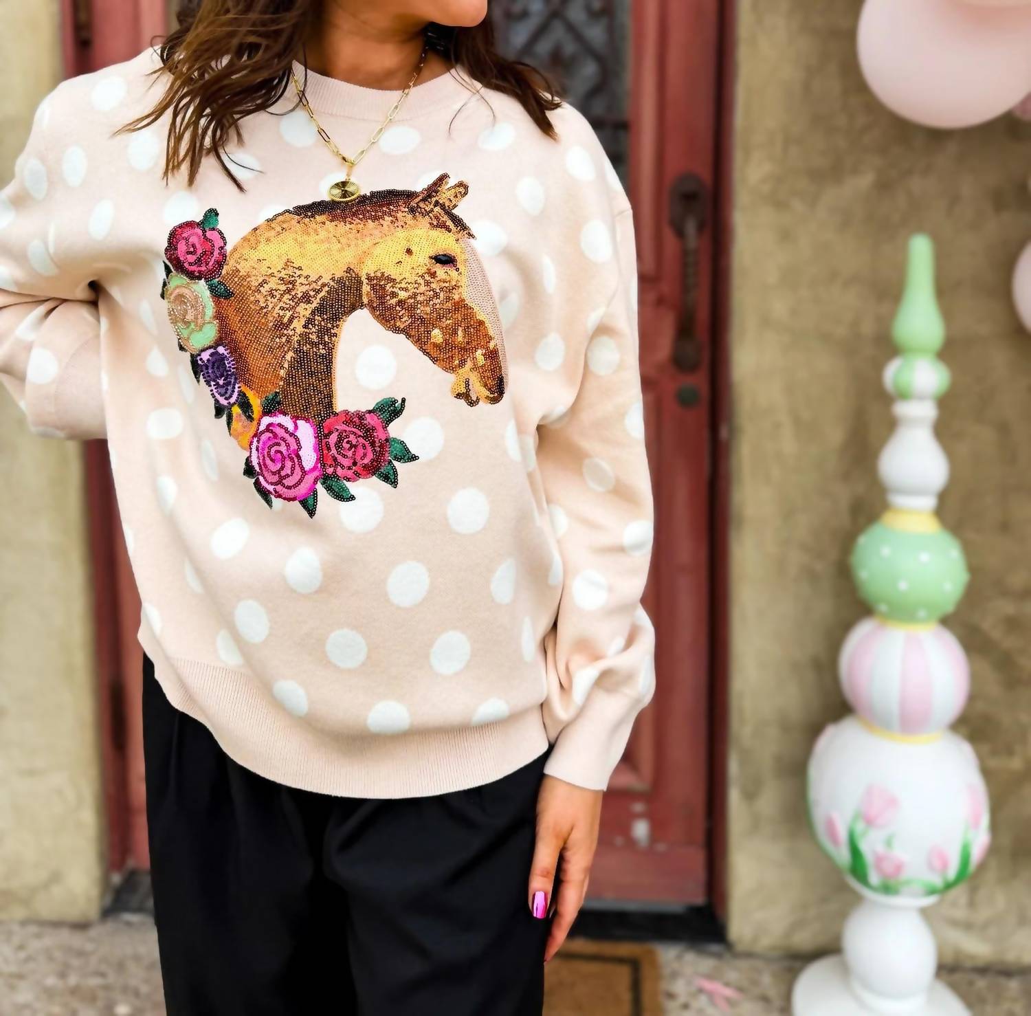 Queen Of Sparkles - Polka Dot Horse & Rose Wreath Sweater