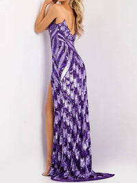 JOVANI Sweetheart Sequin Gown With High Slit in purple - women's dress - alternate view