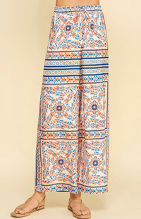 PINCH Palmira Scarf Print Wide Leg Pants in coral blue multi - women's pants