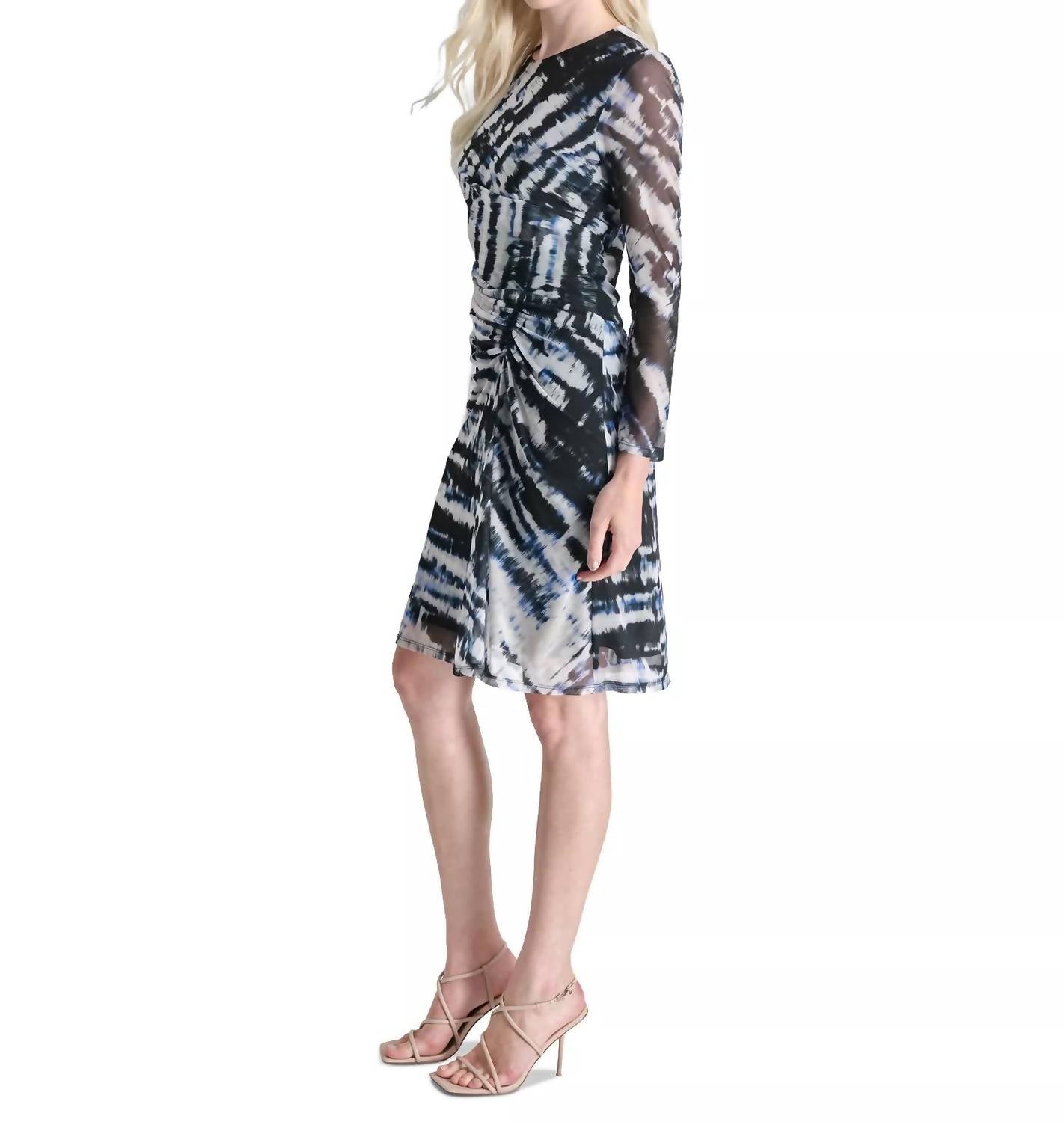 DKNY Women's Printed Side-ruched Sheer-sleeve Mesh Dress in blue cream - women's dress - alternate view