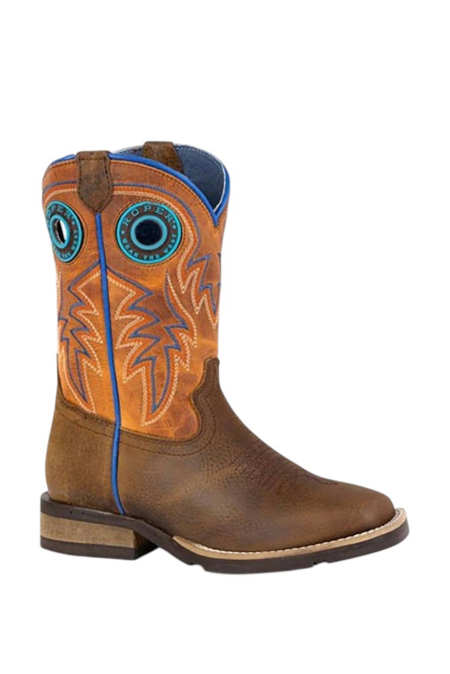 ROPER Boys Youth Steer Hide Geo Sole Cowboy Boot in brown orange - kids' boots