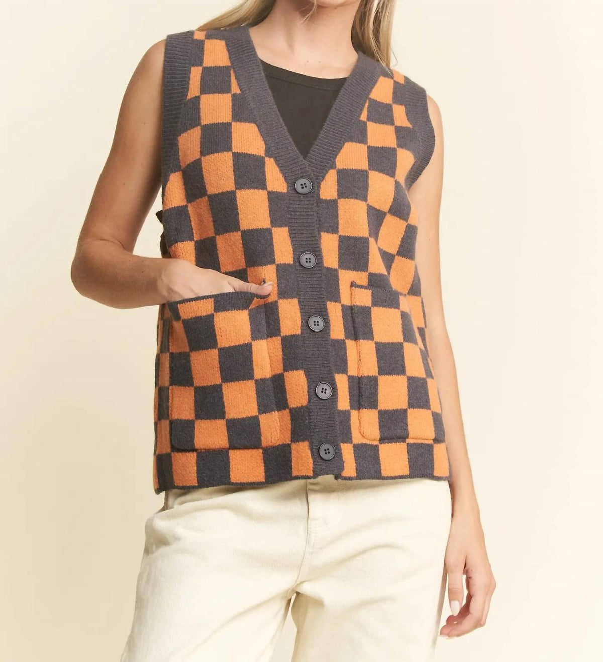 Jade By Jane - Sleeveless V-neck Button Down Vest