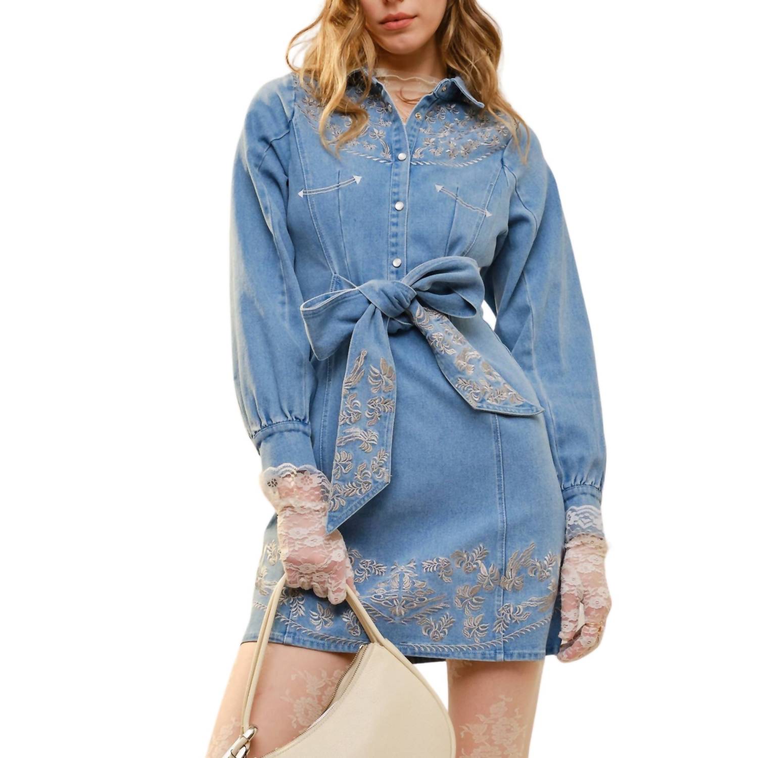 Blue B - Embroidery Self Tie Denim Dress