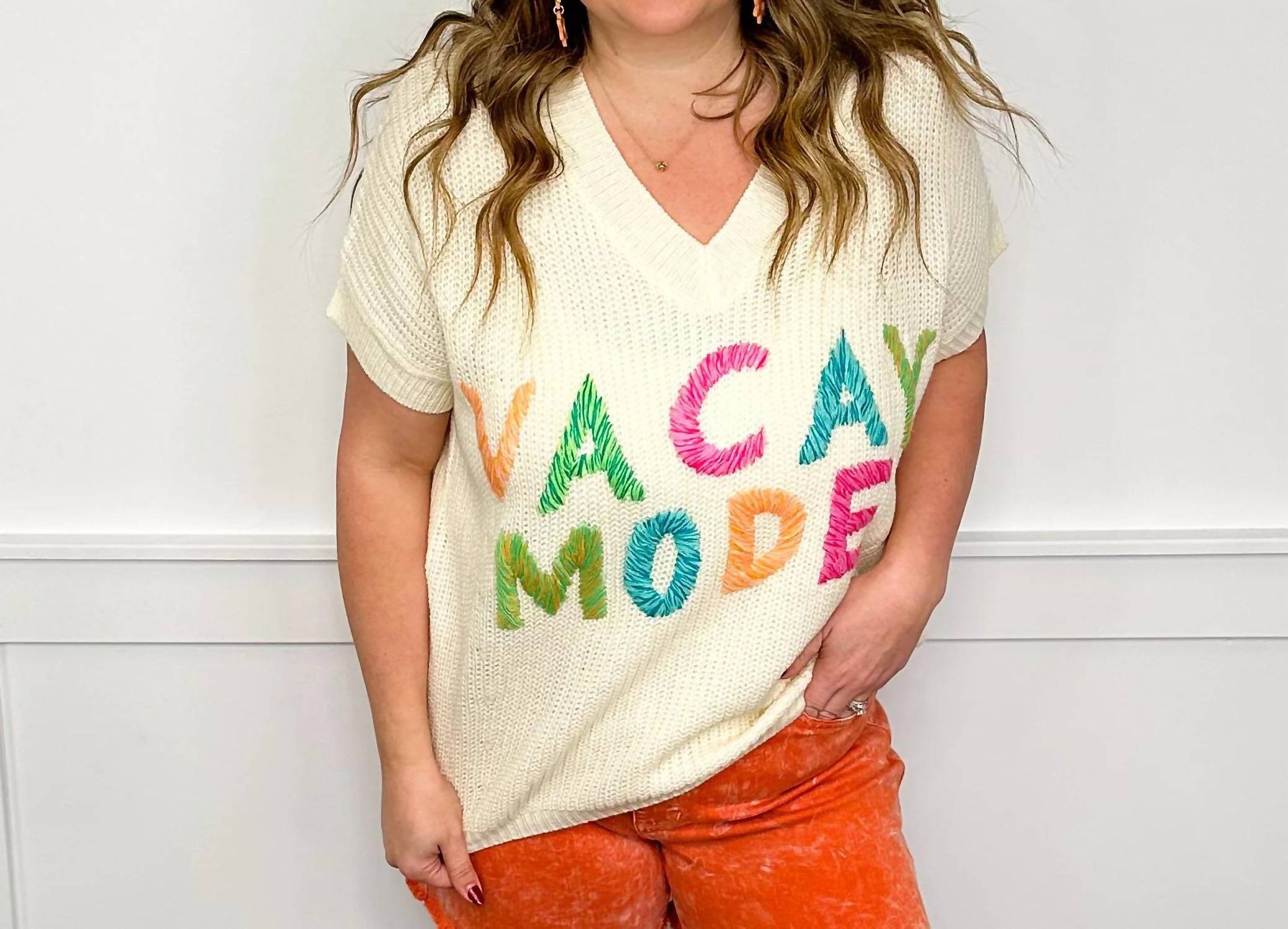 Bibi - Vacay Mode Knit Short Sleeve Graphic Top