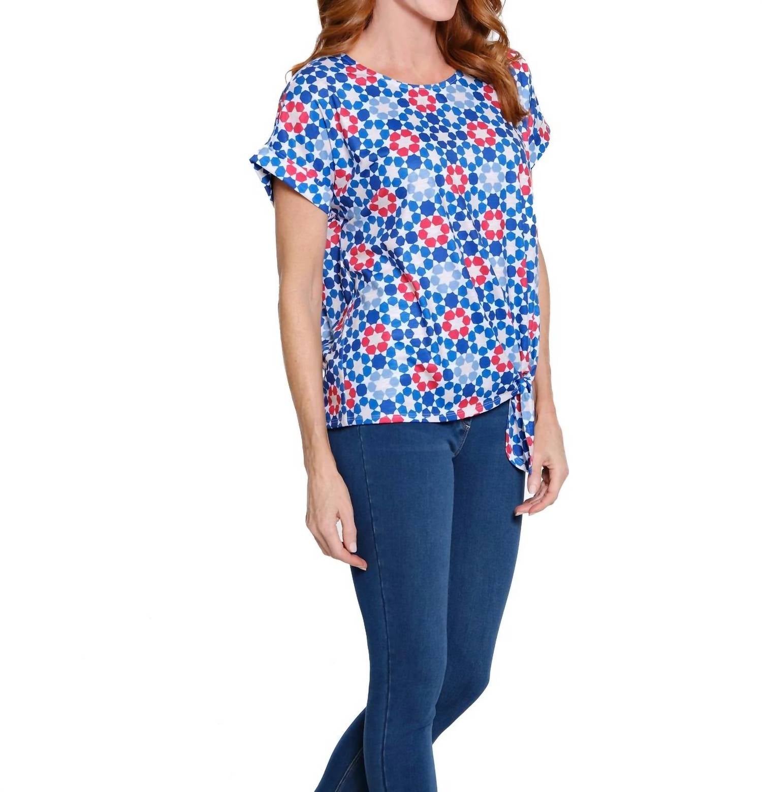 Multiples - Printed Slub Knit Top With Tie Waist