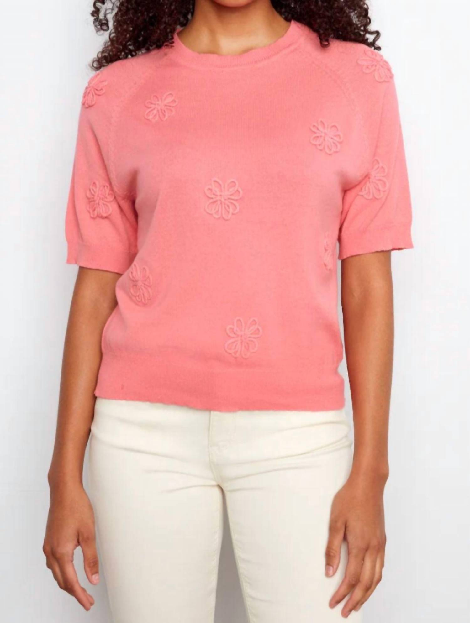 CHARLIE B Floral Soutache Cotton Knit Top in sorbet - women's blouse
