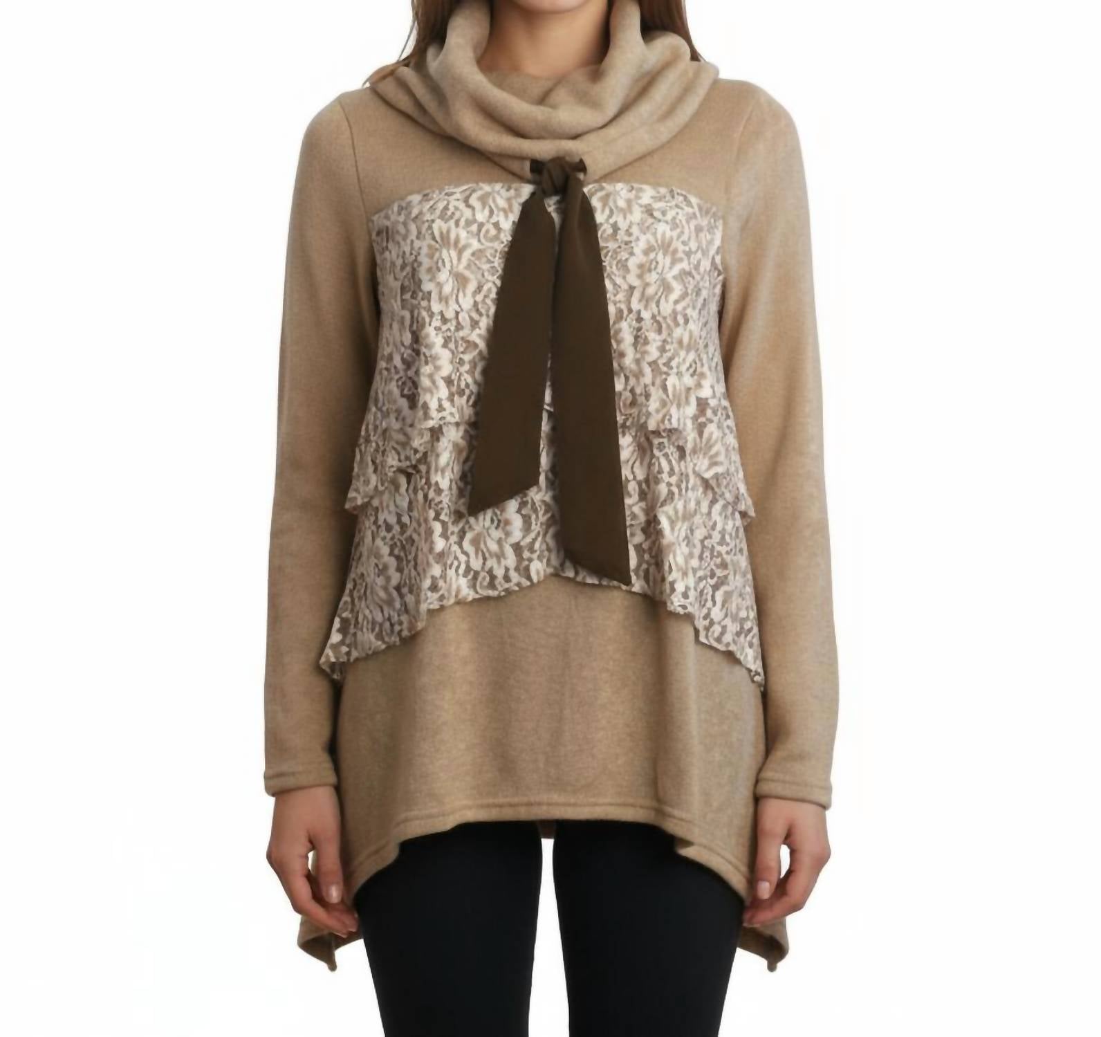 Ryu - Lace Ruffled Cowl Neck Sweater