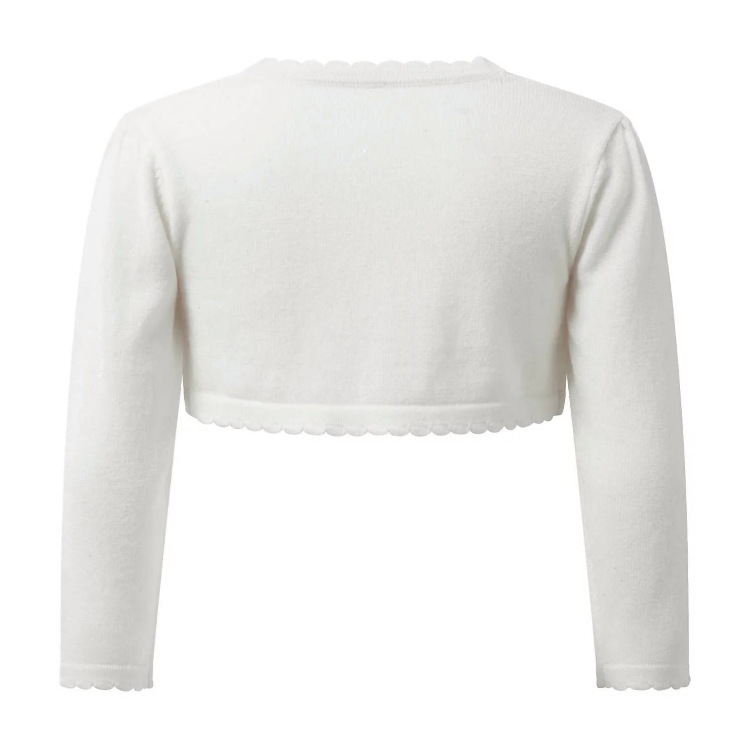 Rachel Riley Kid's Sparkle Scalloped Bolero in ivory - kids' sweater - detail view