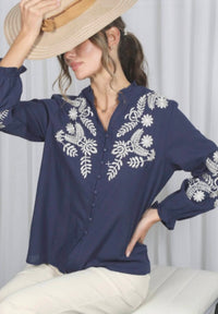 Vine + Love - Vee Neck Embroidered Blouse