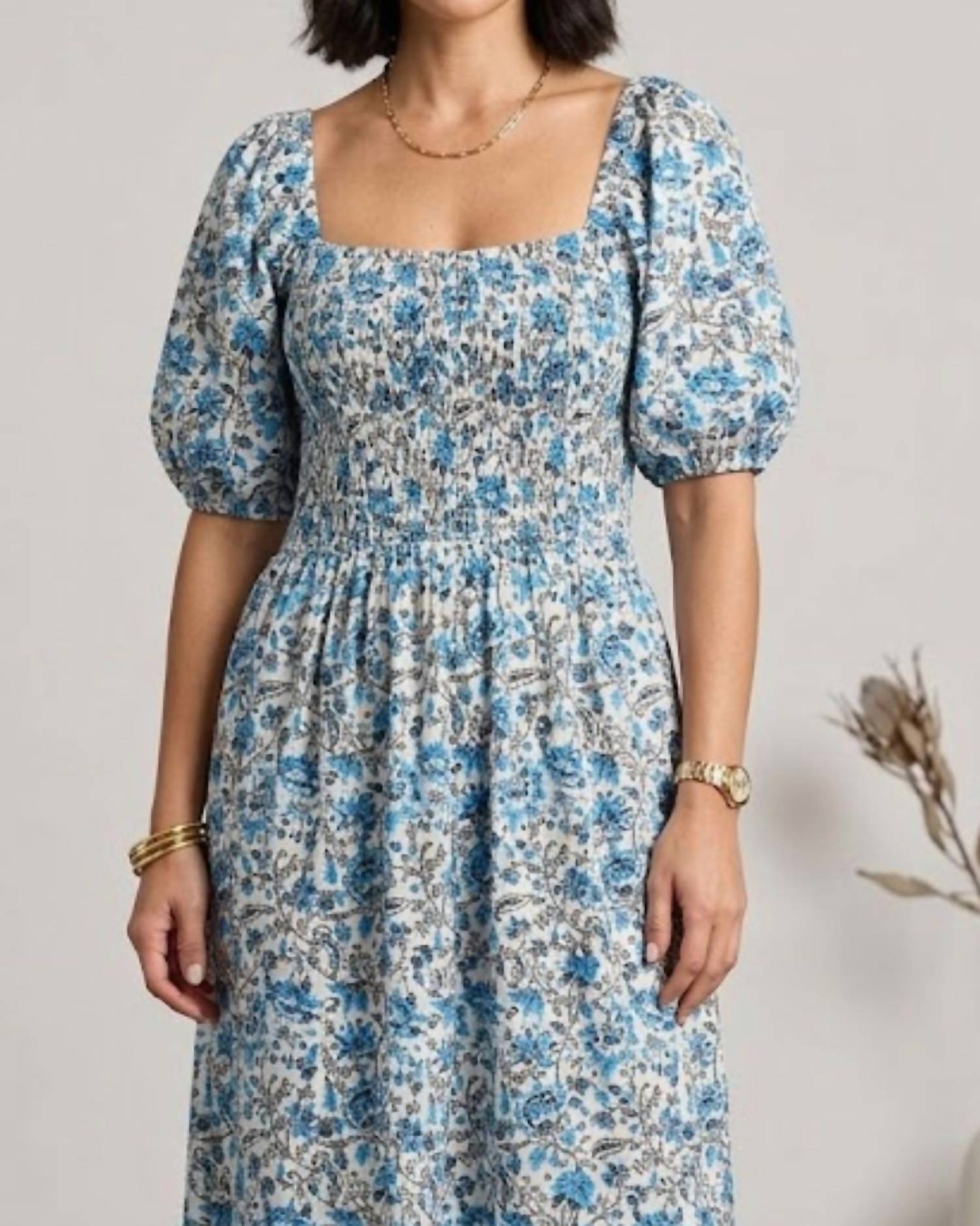 MARE SOLE AMORE Abaco Puff Sleeve Midi Dress in floral - women's dress - detail view