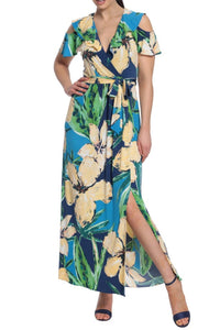 LONDON TIMES Floral Print Ruffle Cold Shoulder Front Slit Maxi Dress in blue yellow - women's dress