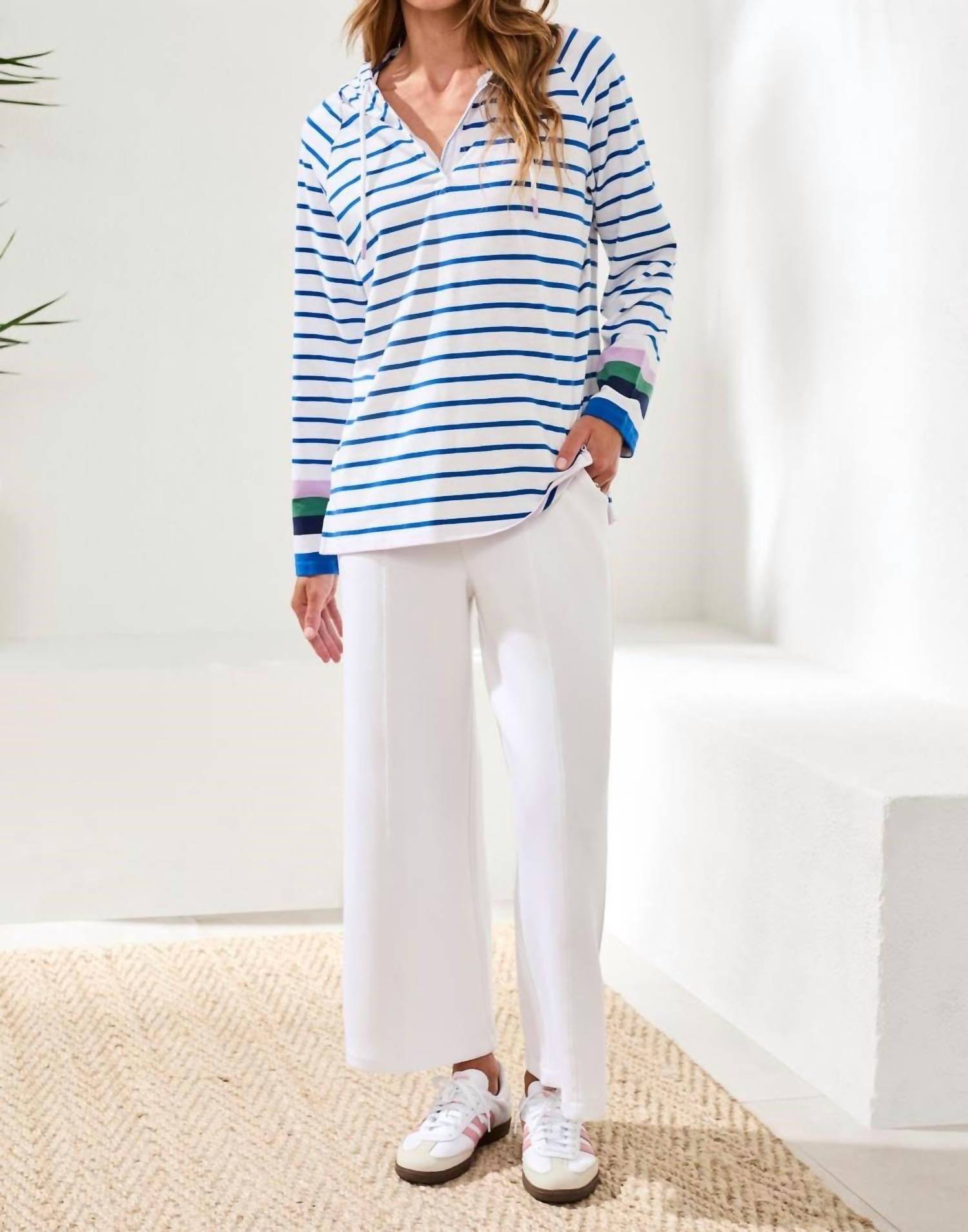 Tribal - Slub Knit Striped V Neck Long Sleeve Hoodie