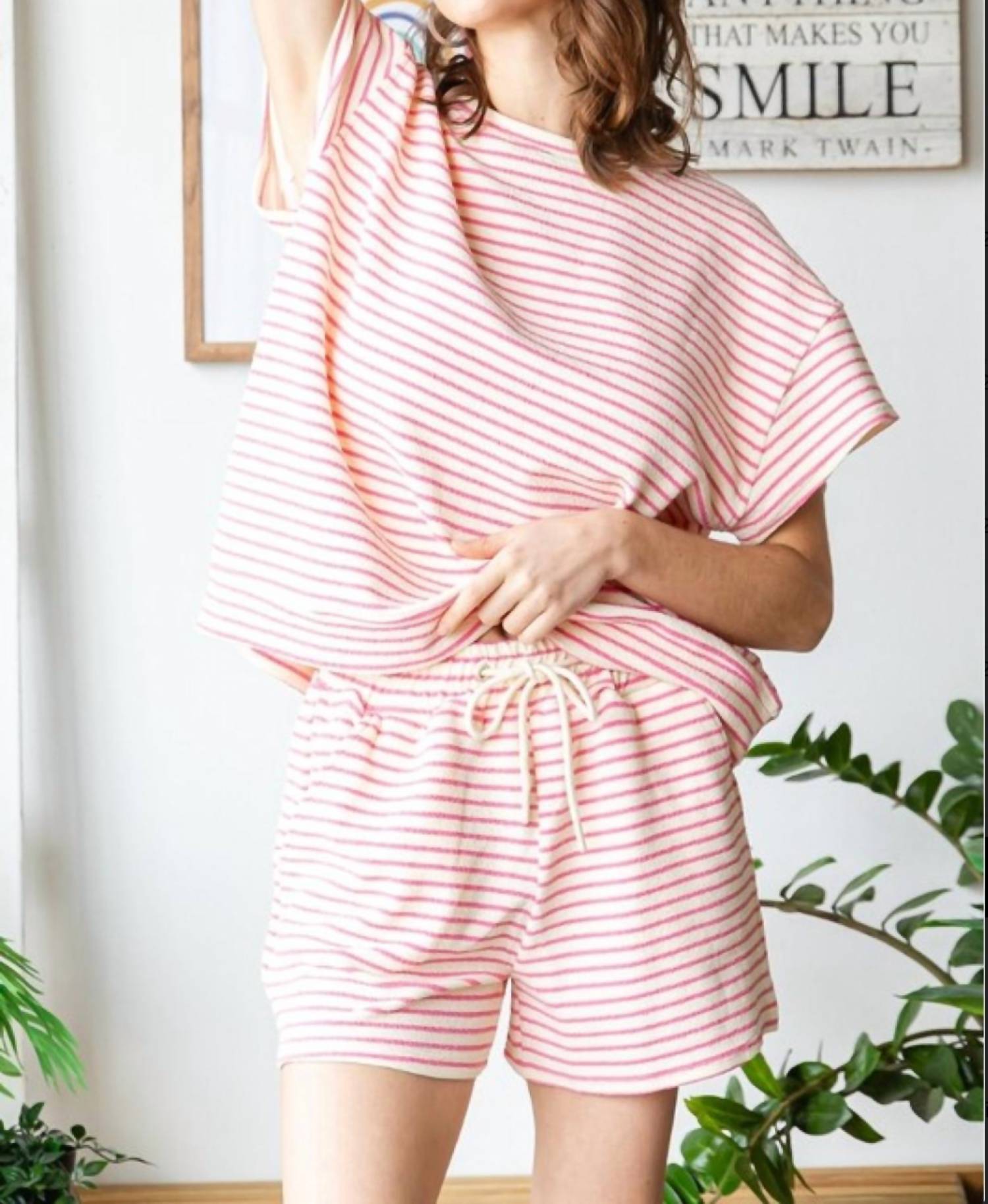Veveret Cotton Candy Stripe Knit Top in barbie pink cream - women's t-shirt