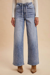 AnnieWear Stretch High Rise Tie Waist Wide Leg Denim Pants in medium blue - women's jeans