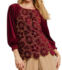 Umgee - Women's Floral Lace Velvet Top