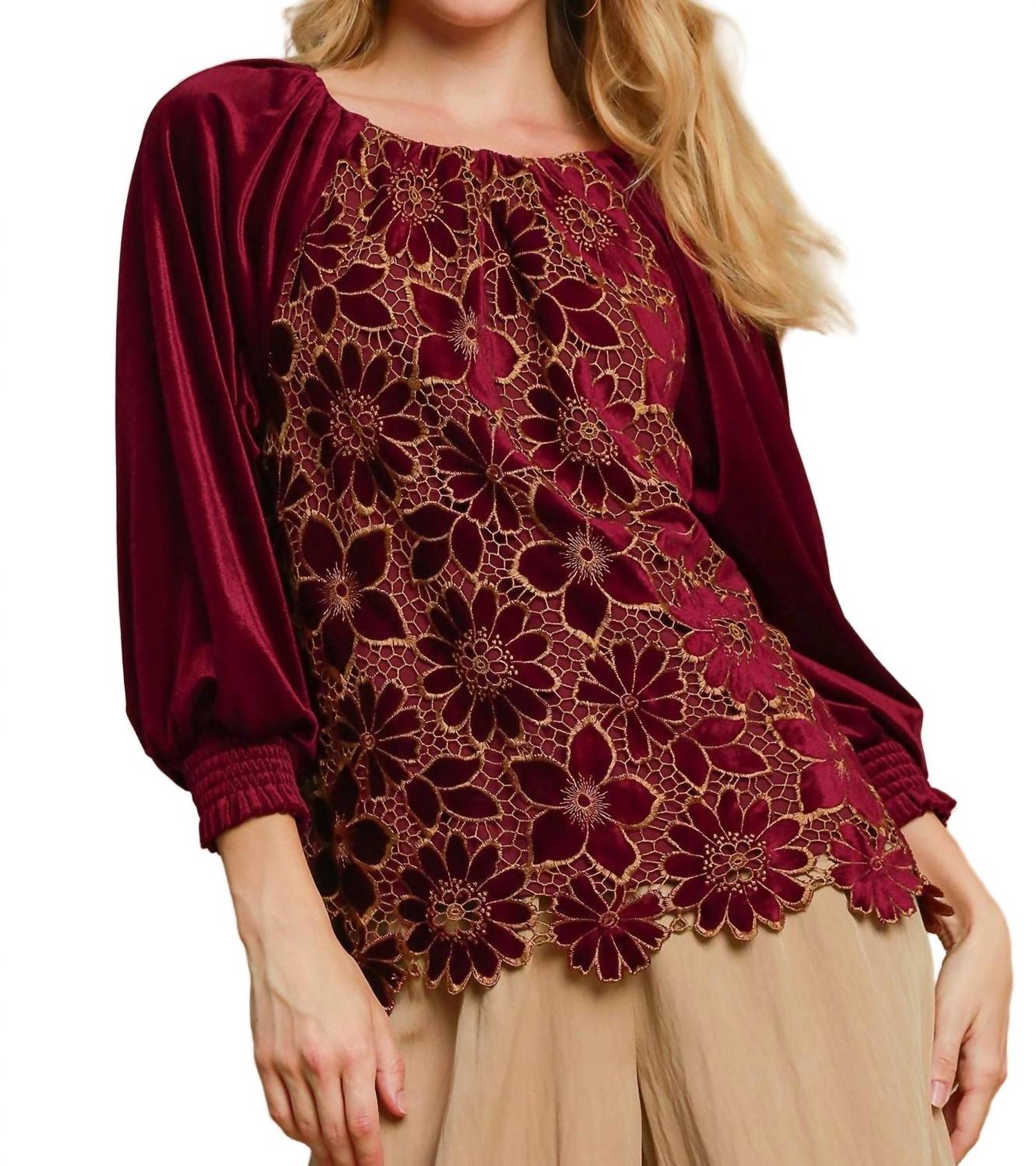 Umgee - Women's Floral Lace Velvet Top