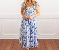 8 Oak Lane - Leopard Palms Smocked Flutter Sleeve Dress