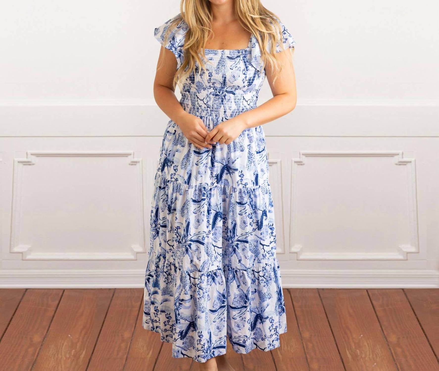 8 Oak Lane - Leopard Palms Smocked Flutter Sleeve Dress
