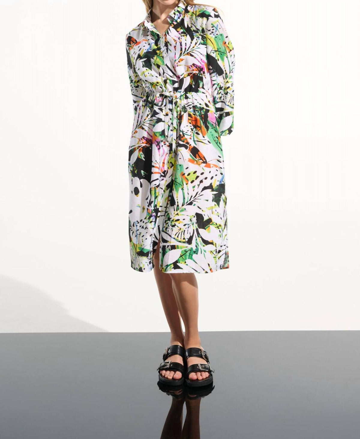 Joseph Ribkoff - Crinkled Woven Tropical Print Shirt Dress