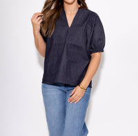 THML Split Neck Suede Ruffle Denim Top in navy - women's blouse - view 7