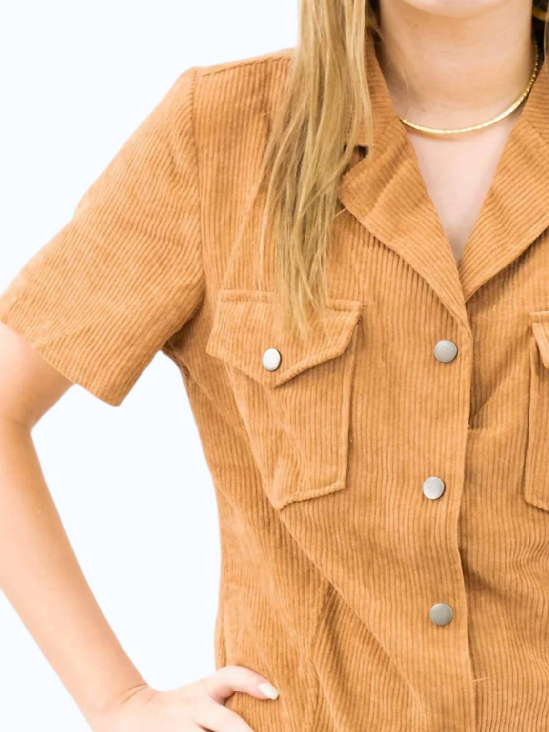 She + Sky - Short Sleeve Corduroy Shirt Dress