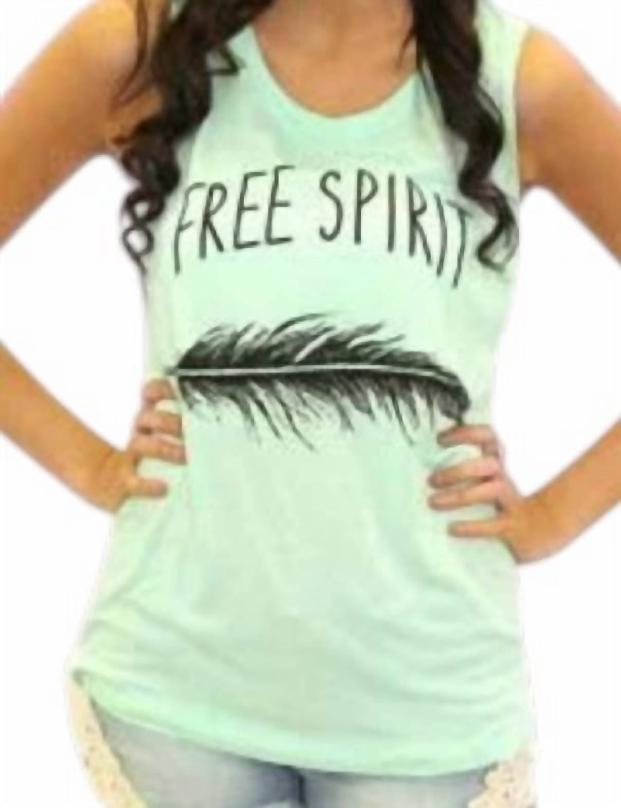 Southern Jewelz Free Spirit Feather Tank Top in green - women's tank top - detail view