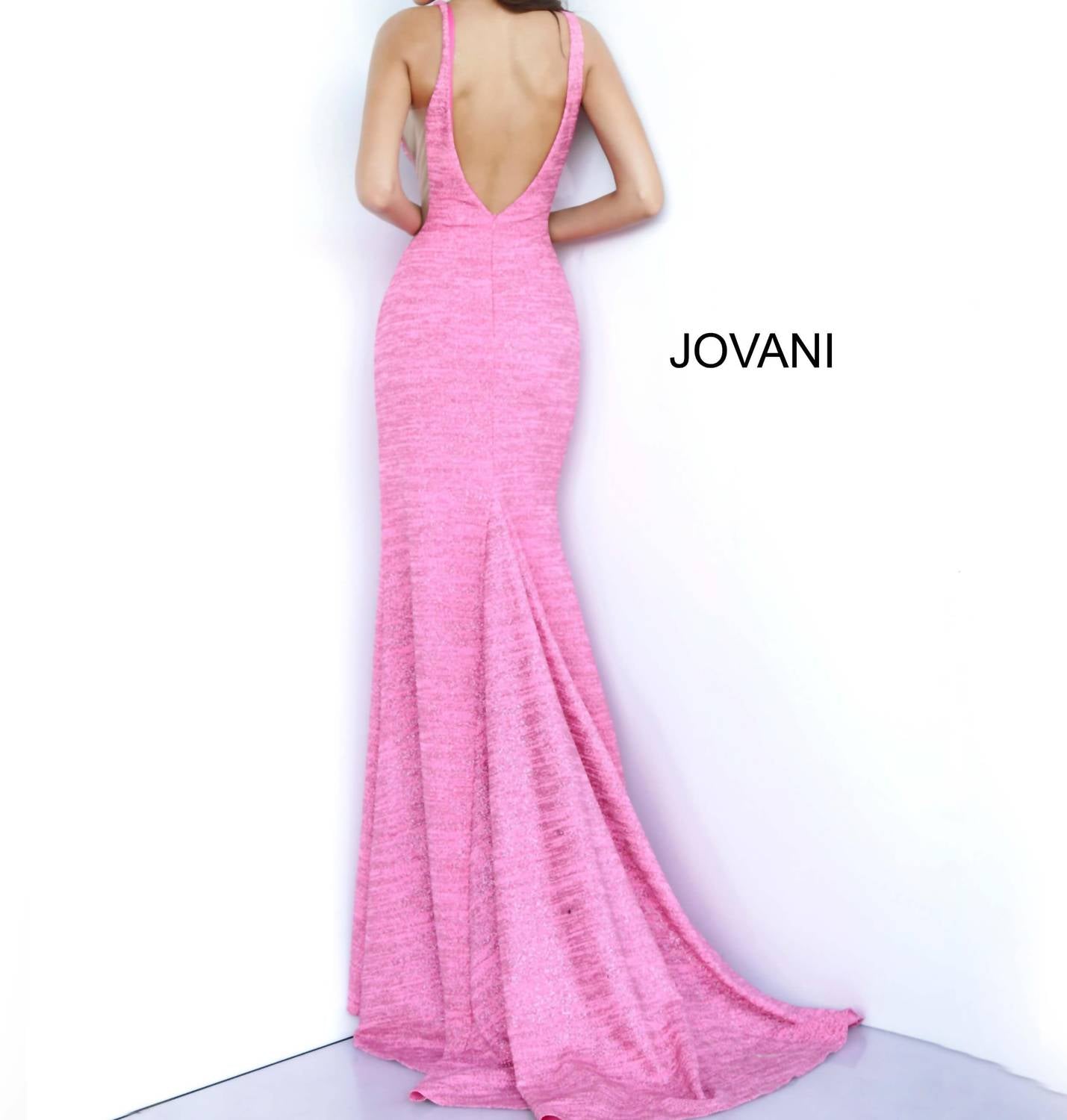JOVANI Royal V Neck Fitted Dress in hot pink - women's dress - detail view