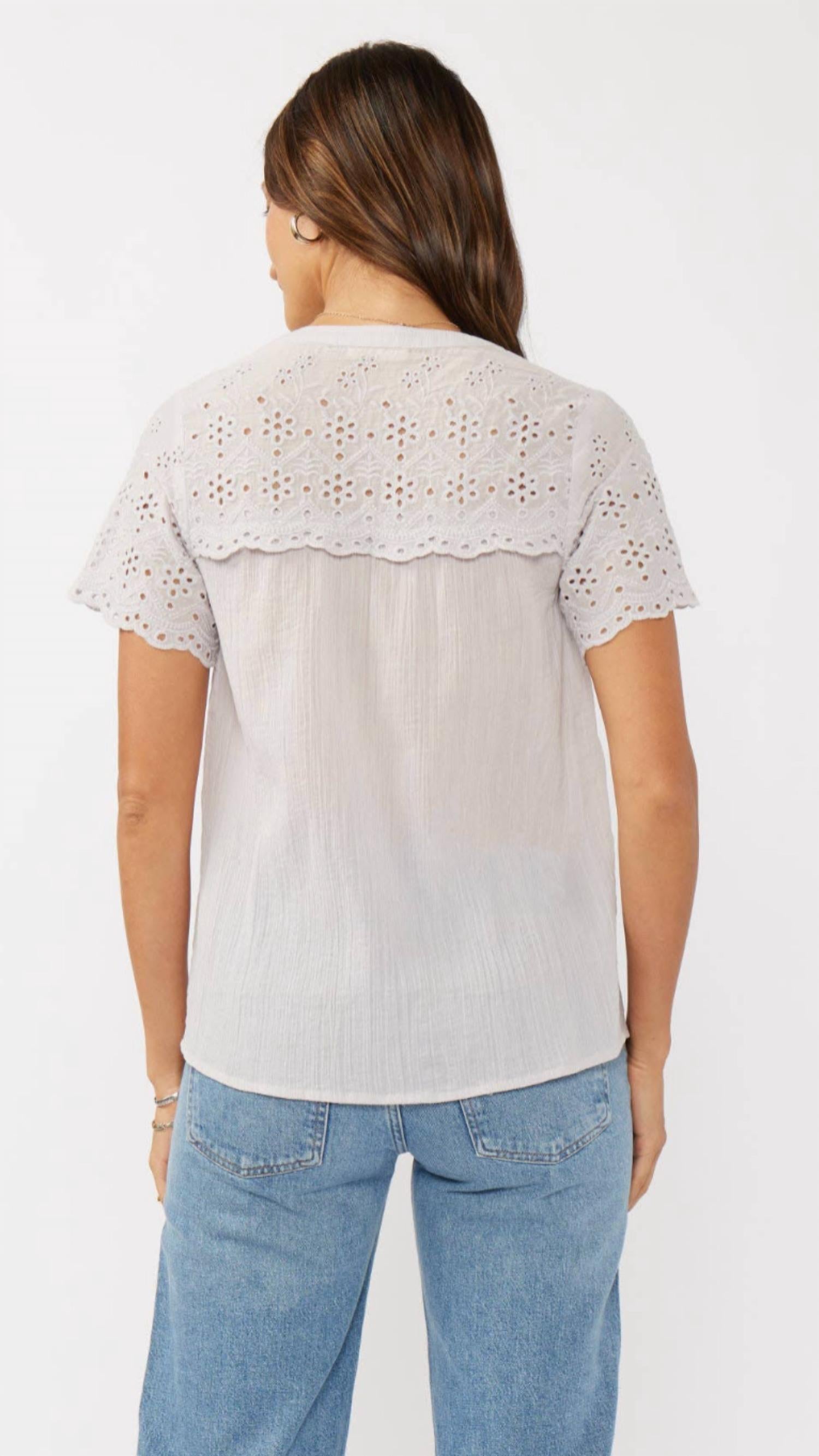 LOVESTITCH Floral Eyelet Short Sleeve Button Down Blouse in dove - women's blouse - alternate view