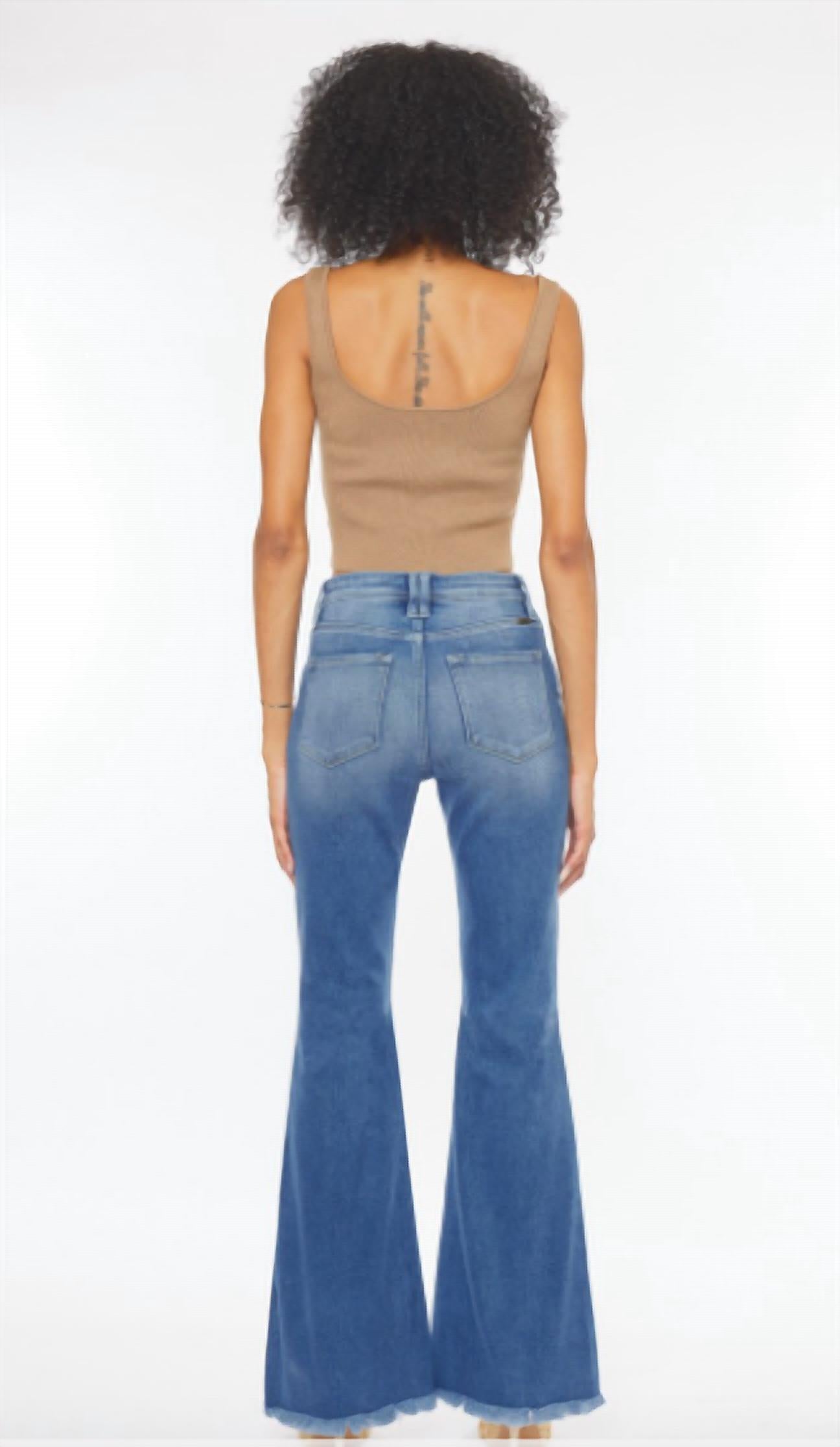 KanCan High Rise Exposed Button Flare Jeans in medium wash - women's jeans - detail view