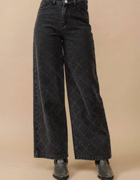 Blue B - Distressed Quilted Slash Wide Leg Mid Rise Denim Jeans
