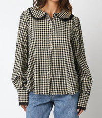 OLIVACEOUS Lace Trimmed Gingham Button Down Shirt in black - women's blouse