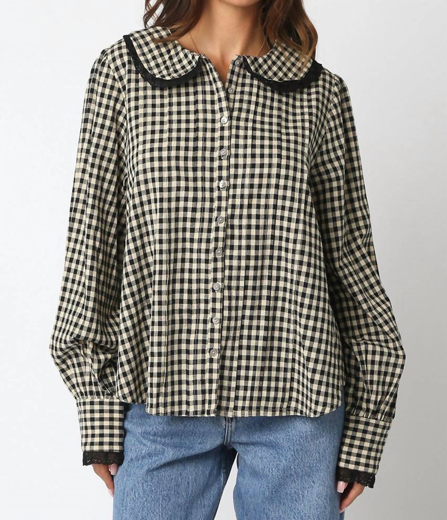 OLIVACEOUS Lace Trimmed Gingham Button Down Shirt in black - women's blouse