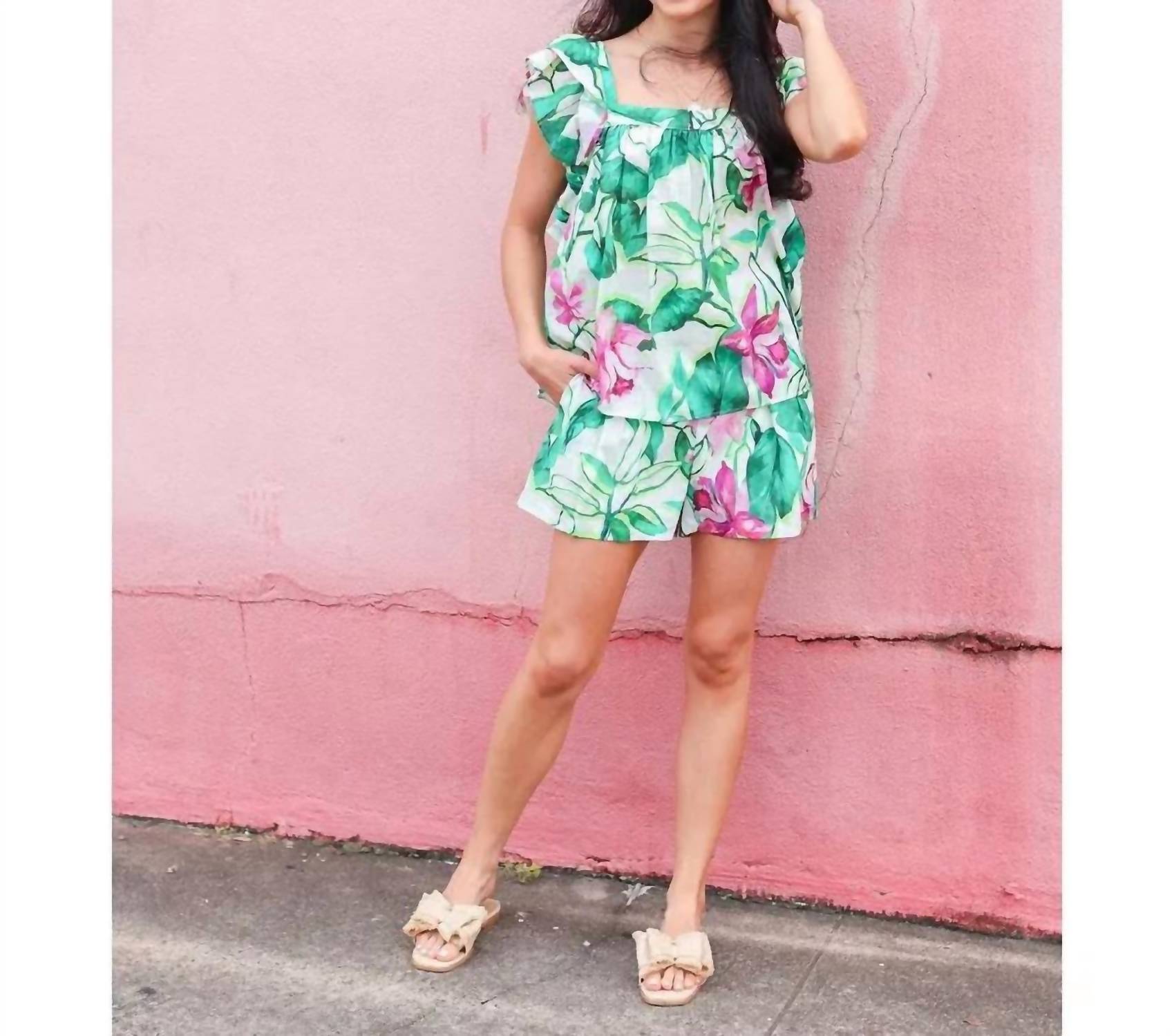 LAVENDER BROWN Kyra Top in green multi floral - women's blouse - alternate view