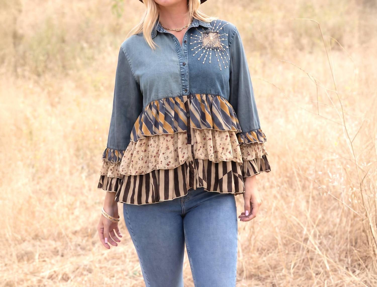 Young Threads - Vintage Boho Denim Yoke Patchwork Tiered Tunic Top