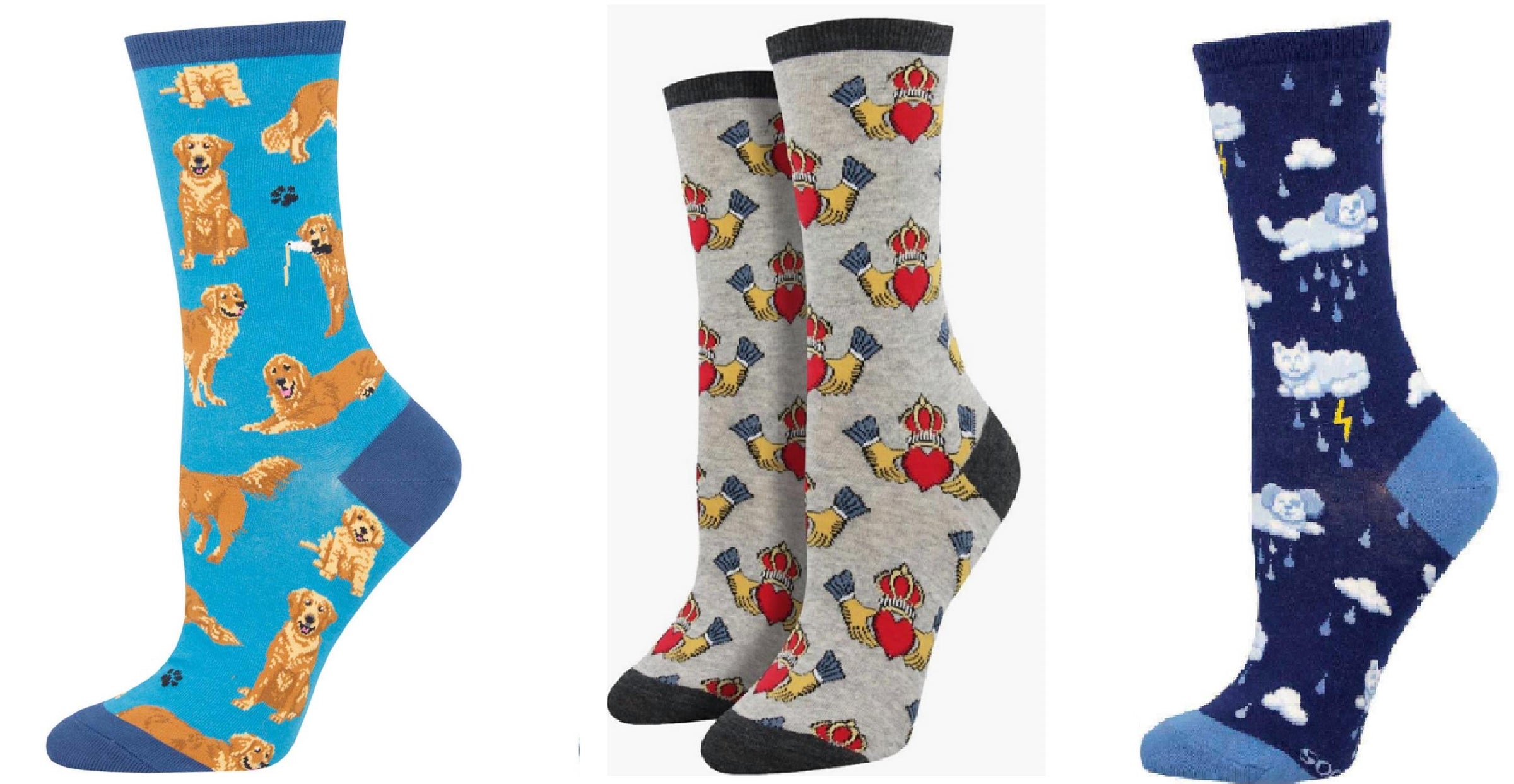 Socksmith - Women's Golden Retrievers & Claddagh & Raining Cats & Dogs Socks - Set Of 3 Pair
