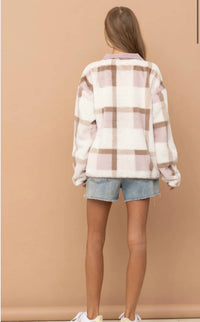 Blue B Soft Fur Plaid Button Up Pocket Front Pullover in beige - women's sweater - detail view