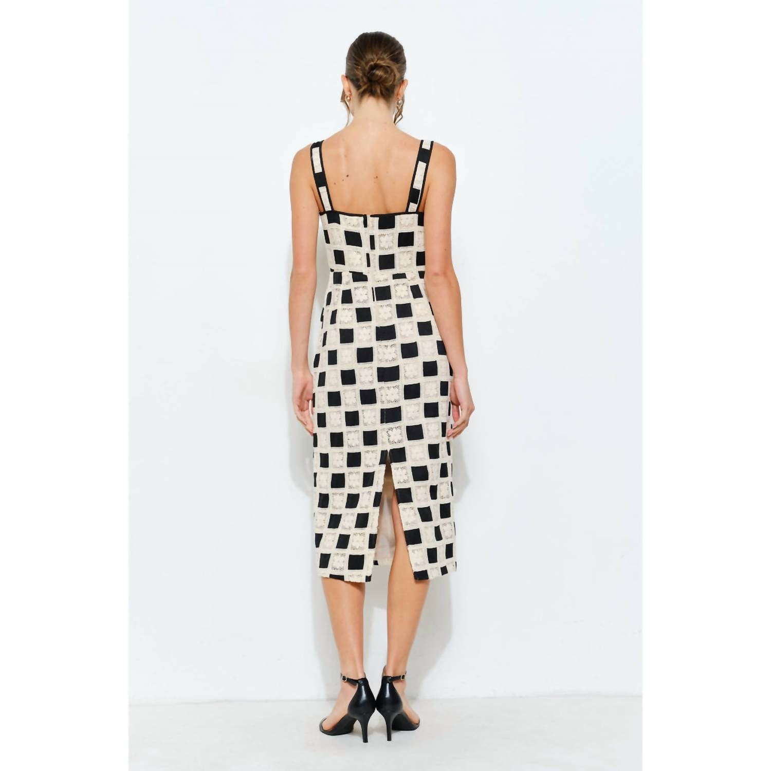 Ina Fashion - Sleeveless Square Lace Panel Midi Dress
