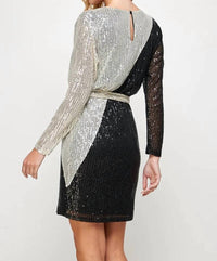 See And Be Seen - Sequins Color Blocked Long Sleeve Dress