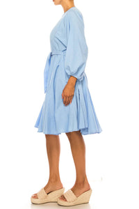 Vivid - Long Sleeve Belted Godet Skirt Flared Dress