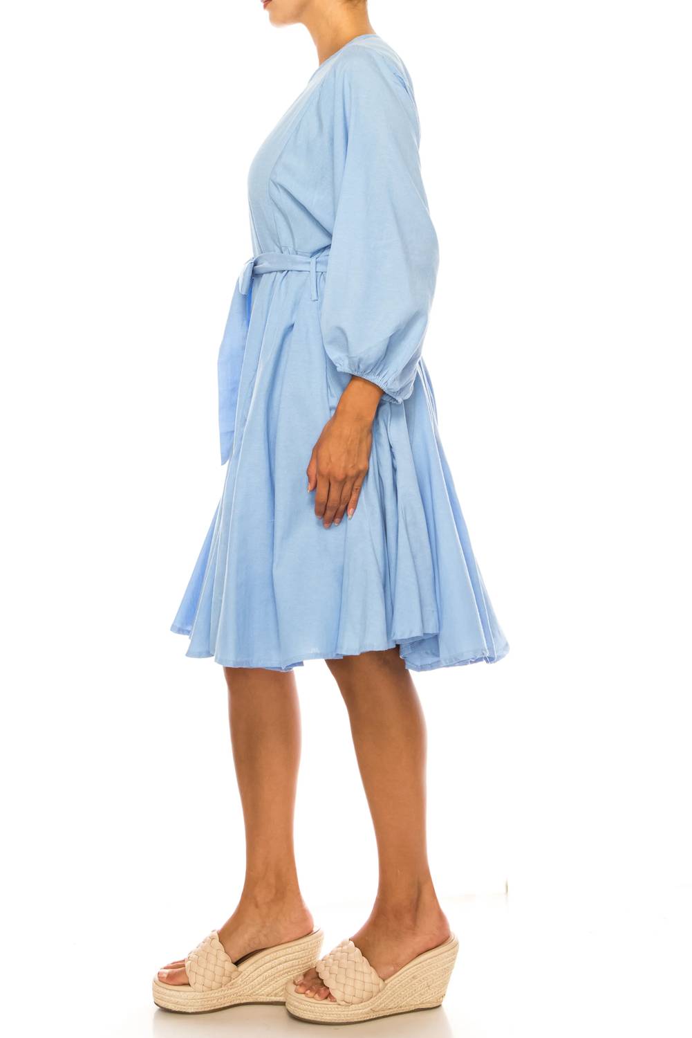 Vivid - Long Sleeve Belted Godet Skirt Flared Dress