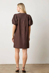 Lilla P - Shirred Sleeve Split Neck Mini Dress