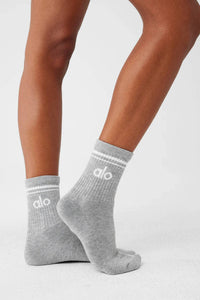 ALO YOGA Unisex Half Crew Throwback Sock in heather grey white - women's accessory - detail view